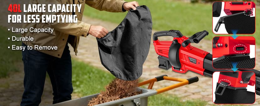 3-in-1 Electric Leaf Blower with Vacuum & Mulcher Compatible for Milwaukee 18V Battery, Leaf Vacuum Cordless with Bag 40L, Leaf Mulcher Cordless Leaf Blowers for Lawn Care, Turbo Mode (No Battery)