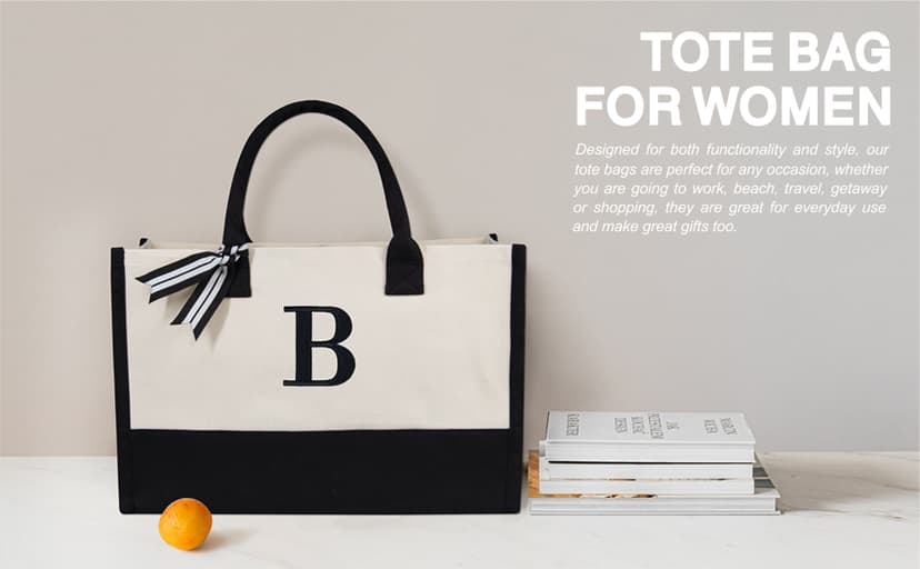TOPDesign Personalized Initial Canvas Beach Bag, Monogrammed Gift Tote Bag for Women
