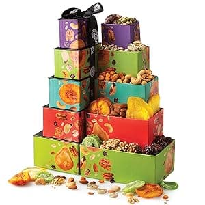 Oh! Nuts Dried Fruit and Nuts Gift Basket Tower with Black Ribbon Gift Basket, 5 Tier Gourmet Arrangement Platter, Healthy Kosher Snack Box for Birthday, Anniversary