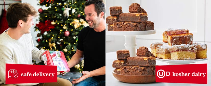 David's Cookies Merry Christmas Assorted Brownies & Crumb Cake Gift Tin 16pcs - Delicious, Fresh Baked Snacks, Gourmet Chocolate Fudge Slices, Brownies, Ideal Gift for Christmas Holidays