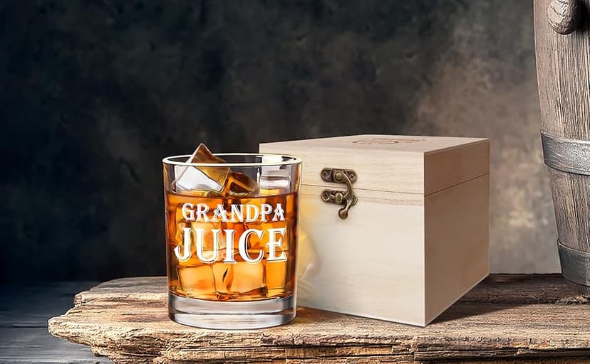 LIGHTEN LIFE Grandpa Juice Whiskey Glass 12 oz, Unique Gift in Valued Wooden Box, Funny Ideas for New Grandpa, Birthday from Grandson, Granddaughter