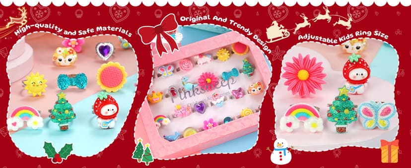 PinkSheep Little Girl Jewel Rings in Box, Adjustable, No Duplication, Girl Pretend Play and Dress Up Rings (24 Lovely Ring)