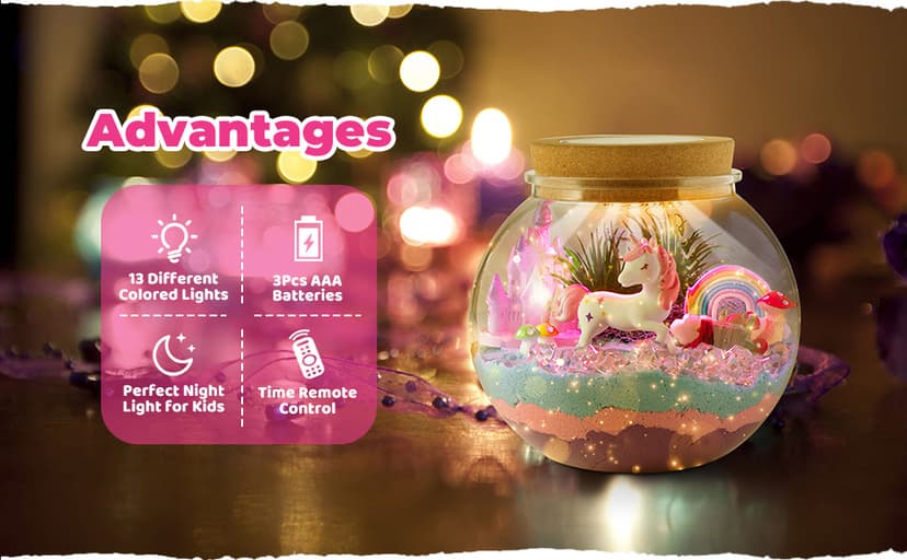 Unicorn Light-Up Terrarium Kit for Kids - LED Night Light Birthday Gift for Girls Ages 4 5 6 7 8-12 Year Old - Unicorn Toys for Girls - DIY Arts and Crafts Kit for Kids