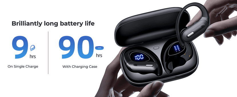 Active Noise Cancelling Wireless Earbuds Bluetooth Headphones 90 Hrs Playtime Ear Buds with Power Display Over-Ear Earphones with Earhooks IPX7 Waterproof Stereo Transparency Headset for Sports/Gym