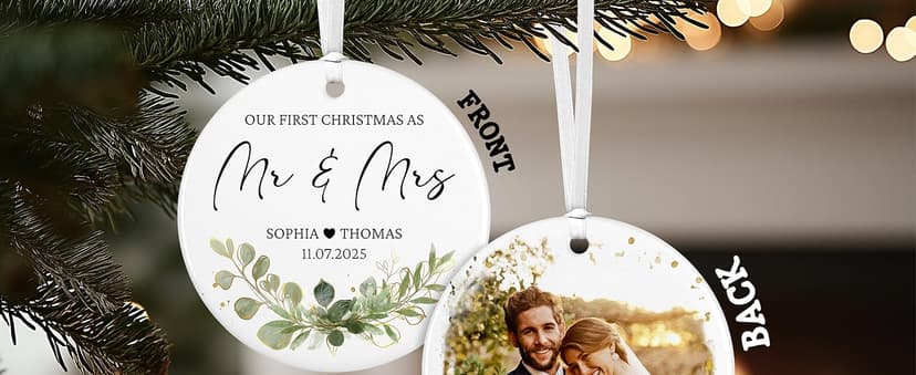 Personalized Our First Christmas as Mr and Mrs Double-Sided Ornament 2025, Custom Photo Ceramic Ornament, First Christmas Married Keepsake, Wedding Gift for Newlywed Couple
