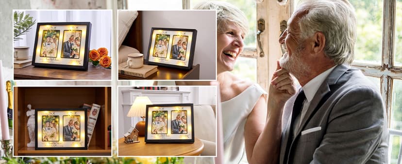 Then & Now 50th Anniversary Picture Frame for Couple, Celebrate Years of Love Anniversary Wooden Photo Frame for Parents, Husbands, Wives, Wedding Engagement Gifts, Double Frame 4x6 Photos Black