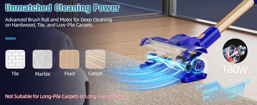 Cordless Vacuum Cleaner, 180° Bendable Wand Stick Vacuum Cleaners with LED Touch Screen, 8-in-1 Lightweight Rechargeable Vacuum with 1.5L Dust Cup for Home Hard Floor Low-Pile Carpet