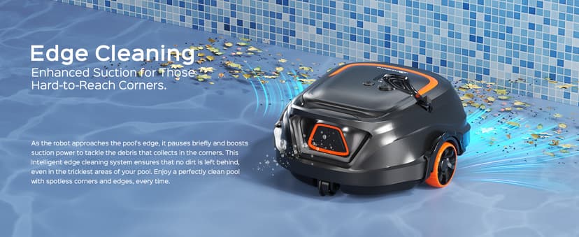 Robotic Pool Vacuum for Above Ground Pools, Dual Filters, Self-Parking, 120-Min Runtime & 2.5h Fast Charging, Powerful Suction, Ideal for Flat Pools up to 1076 sq.ft (Black Tangerine)