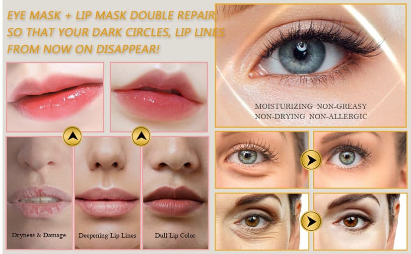 30 Pairs Lip Masks & Eye Masks,24K Gold Gel Crystal Collagen Eye Patches for Puffy Eyes,Effectively Nourishes,Moisturizing& Reducing Dark Circle Eye Bags,Birthday Gifts for Women,Christmas Gifts