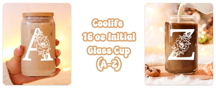 Coolife Initial Glass Cup, Monogrammed Gifts for Women, 16 oz Glass Cups w/Lids Straws, Iced Coffee Smoothie Beer Tumbler w/Straw Lid - Personalized Christmas, Birthday Gifts for Her Mom Friend Woman