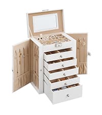 SONGMICS Jewelry Box Organizer with Glass Lid, 3-Layer Jewelry Storage, with 2 Drawers, Modern Style, Christmas Gift, 8 x 9.1 x 5.3 Inches, Cloud White and Gold Color UJBC239WT