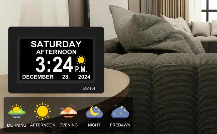 SSYA 7 Inch Calendar Clock - 12 Alarm Options, Level 5 Auto Dimmable Display,Extra Large Impaired Vision Digital Clock with Non-Abbreviated Day & Month (Black)