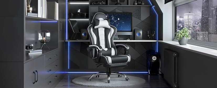 Yaheetech Gaming Chair, Video Game Chair with Massage Lumbar Support and Footrest Height Adjustable Ergonomic Computer Gaming Chair with Swivel Seat and Headrest, Black/White