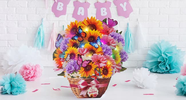 Birthday Cards with MUSIC & LIGHTS, Pop Up Happy Birthday Card, Sunflower & Butterfly, 10 Inch Life Sized Forever Flower Bouquet Gifts for Women Mom Grandma