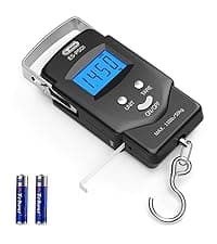Fish Scale Luggage Scale Fishing Gear - 110lb Backlit LCD Display Digital Scale with Built-in Measuring Tape - Fishing Scale with 2 AAA Batteries, Pocket Size - Fishing Gifts for Men