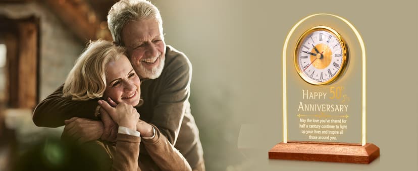 50th Anniversary Wedding Gift, Anniversary Quartz Clock, Desk Table Clock, 50 Years of Marriage, Golden Wedding for Couple, Parents, Grandparents (Wooden Base with LED Light)