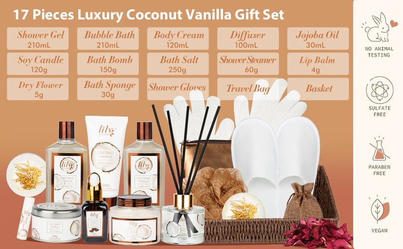 Bath and Body Gift Basket Set for Women - Coconut Vanilla Christmas Gifts for Women, Spa Gift Basket 17-Piece Bath Gift Set Self Care Gifts for Mothers Day, Fathers Day, Birthday Gifts for Her & Him