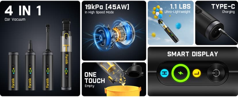 Fanttik Slim V10 APEX Cordless Car Vacuum, 4-in-1 Portable Mini Handheld Vac, 19kPa Suction Power, Upgraded Smart Digital Display, 2 Suction Modes for Small Jobs, Car, Office Desk, Keyboards (Black)