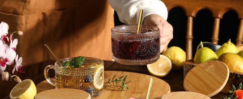 LANDNEOO 4pcs Set Vintage Coffee Mugs gifts for women, Overnight Oats Containers with Bamboo Lids and Spoons - 14oz Clear Embossed Glass Cups, Cute Coffee Bar Accessories, Iced Coffee Glasses