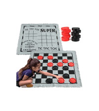3-in-1 Vintage Giant Checkers, Tic, Tac, Toe, with Reversible Mat, 24 Chips, Family Board Game, Lawn Game, BBQ Party Favor, Indoor and Outdoor Activity for Kids and Adults