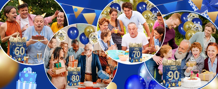 Blue 80th Birthday Gift Bag, Large Navy Blue and Gold Happy 80th Birthday Gift Wrap Bag with Card and 3pcs Tissue Paper for Men Women 80 Years Old Anniversary Party Favors Goodie Wrapping Bag Supplies