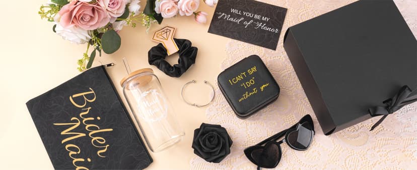 4 Sets Black Bridesmaid Proposal Gifts, Maid of Honor Gift Includes Wedding Gift Box Jewelry Box Makeup Bag Bracelet Foam Flower Invited Card Glasses Cup Hair Tie for Bridal Shower Bachelorette Party