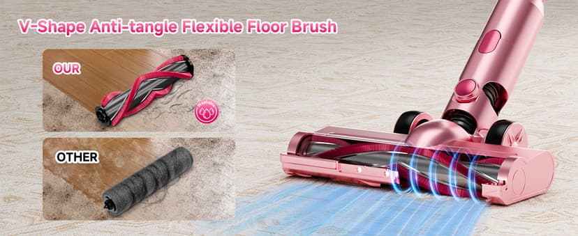 Cordless Vacuum Cleaner, 38Kpa Powerful Stick Vacuum Cleaner with 45mins Rechargeable Battery, LED Anti-Tangle Brush, 8-in-1 Handheld Vacuum Cleaners for Home/Pet Hair/Carpets/Floors, Pink