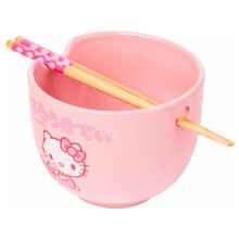 Silver Buffalo Sanrio Hello Kitty Strawberry Milk Japanese Character Ceramic Ramen Noodle Rice Bowl with Chopsticks, Microwave Safe, Pink, 20 Ounces