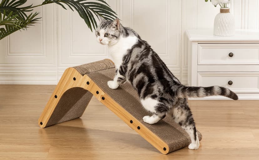 Poils bebe L Shape Cat Scratcher, 26.8 Inch Cat Scratchers for Indoor Cats, Protecting Furniture Cat Scratch Pad, Cardboard Cat Scratching with Ball Toy, Catnip, Large