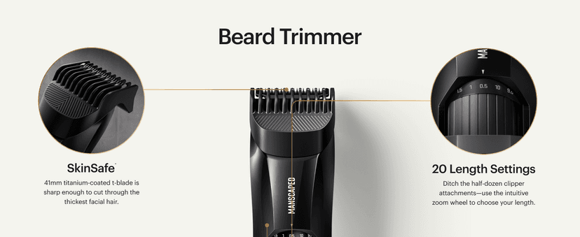 MANSCAPED MANSCAPED® The Beard Hedger® Premium Men's Beard Trimmer, 20 Length Adjustable Blade Wheel, Stainless Steel T-Blade for Precision Facial Hair Trimming, Cordless Waterproof Wet/Dry Clipper