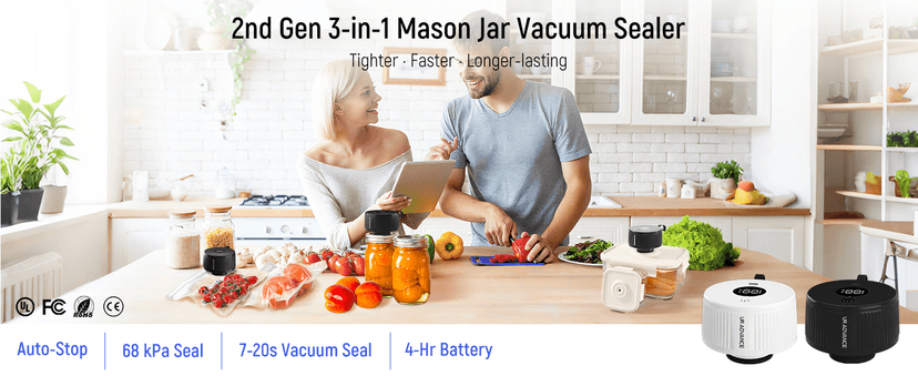 Upgraded 3-in-1 Electric Mason Jar Vacuum Sealer Kit for Jars, Bags, Food Savers & Containers | Auto-Stop Jar Sealer with 4-Hours Battery Life & One-Handed Operation for Dry Foods, Jams & Leftovers