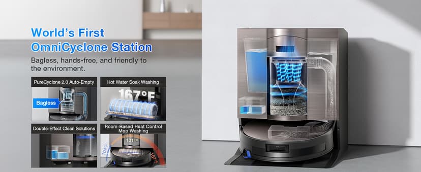 ECOVACS DEEBOT X11 OmniCyclone Robot Vacuum and Mop, PowerBoost Charging, OZMO Roller 2.0 Instant Self-Washing Mop, 19,500Pa Blast Suction, Bagless OmniCyclone Station, AIVI 3D Smart Navigation