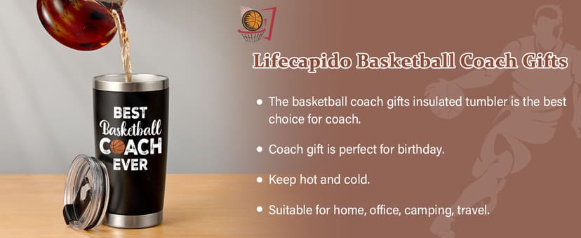 Lifecapido Basketball Coach Gifts, 20oz Coach Insulated Tumbler with Key Chain, Basketball Coach Appreciation Gifts for Men, Black
