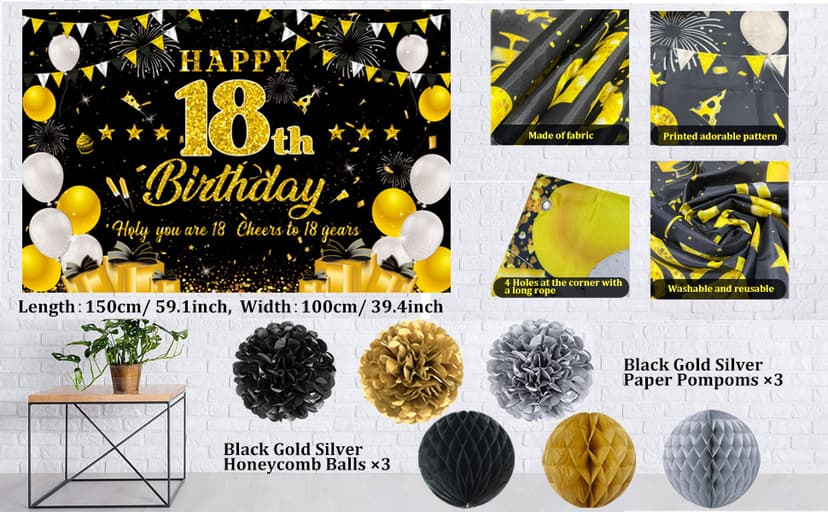 18th Birthday Decorations for Boys Girls, Black Gold Happy 18th Birthday Party Decorations, Time To Adult Birthday Banner, Backdrop, Balloons, Hanging Swirls, BIrthday Cards, Cake Topper, Pompom 52pcs