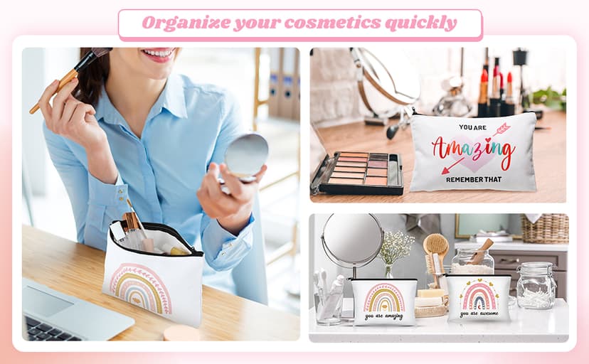 Chunful 10 Pieces Inspirational Canvas Makeup Bags for Women Graduation Gift Rainbow Canvas Cosmetic Bags Bulk with Zipper Friendship Gift Travel Toiletry Pouch(Moon Style)