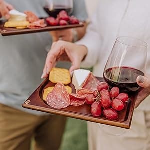 PICNIC TIME Wine Appetizer Plates, Set of 4 Wooden Cocktail Plates with Glass Holder, Mini Charcuterie Boards for Wine and Cheese Parties, Acacia Cheese Board Serving Trays (Oval - Acacia Wood)