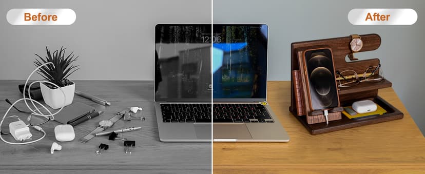 TESLYAR Wood Phone Docking Station for Men - Desktop or Nightstand Organizer - Birthday Gifts for Men, Dad - Anniversary Idea from Wife - Key Holder, Stand Wallet, Watch & Essentials (Bourbon Brown)