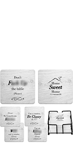 Coasters for Drinks Absorbents with Holder - 6 Pcs Gift Set with 6 Funny Sayings for Wine Lovers - Ceramic Stone with Corked Back, Unique Present for Housewarming, Living Room Decor