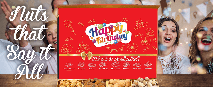 Luxurious Treats Nuts Gift Basket, Happy Birthday Nut Gifts Gourmet Collection Healthy Food Box Mixed Cravings Platter Tray Sampler Assortment Mix for Men Women