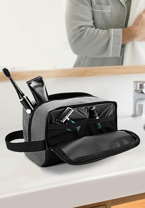 Elviros Hanging Toiletry Bag for Men Travel Essentials 3-in-1 Large Waterproof Dopp Kit PU Leather Shaving Bag with Separate Compartments for Grooming and Toiletries Mens Gift