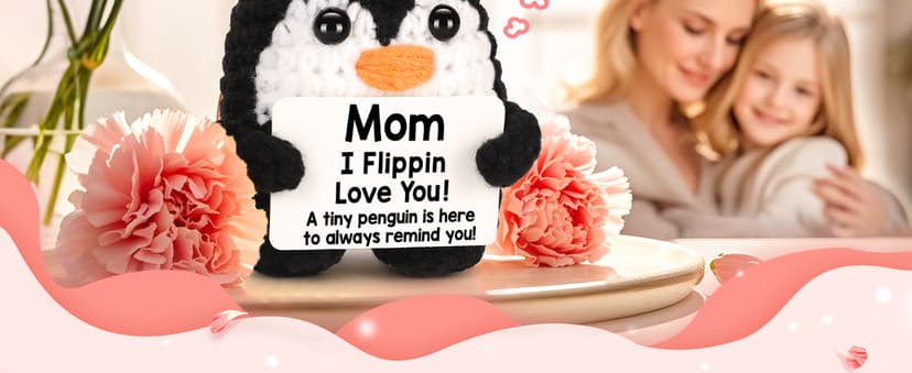 Birthday Gifts for Mom from Daughter Son, Handmade Crochet Mini Penguin Mom Gifts for Birthday Christmas Mama Mother in Law Bonus Step Mothers, Funny I Love You Mum Present Emotional Cute Decor
