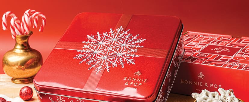 Bonnie and Pop's Holiday Tin- with Assorted Christmas Chocolate, Nuts, Bark, Truffles – Festive, Corporate, Family, Gift Basket Idea for Men and Women