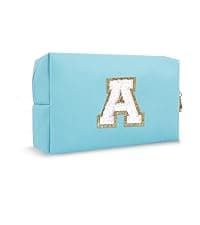 Small Personalized Initial A-Z Preppy Patch Makeup Bag,White PU Chenille Letter Travel Cosmetic Pouch with Zipper,Cute Toiletry Bag,Gift Ideal for Teen Girls Women Teacher Bridesmaid,Letter E