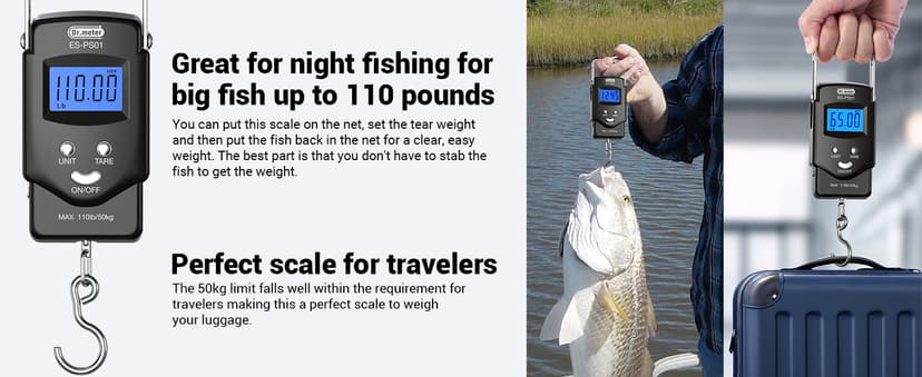 Fish Scale Luggage Scale Fishing Gear - 110lb Backlit LCD Display Digital Scale with Built-in Measuring Tape - Fishing Scale with 2 AAA Batteries, Pocket Size - Fishing Gifts for Men
