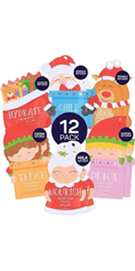 SpaLife Holiday Treats Facial Masks 12-Pack Assorted - Festive Christmas Skincare for Hydration and Refreshment - Gingerbread, Sundae, Cocoa & Eggnog