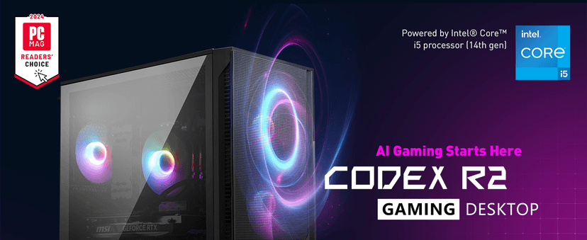 MSI Codex R2 Gaming Desktop: Intel Core i5-14400F, Geforce RTX 4060, 16GB DDR5, 1TB m.2 NVMe SSD, 80+ Gold PSU, WiFi, Keyboard & Mouse, DIY Friendly, Windows 11 Home: A14NUC5-232US