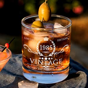 40th Birthday Gifts for Men Whiskey Glass Set - 40th Birthday Decorations, Party Supplies - 40 Year Anniversary, Bday Gifts Ideas for Him, Dad, Husband, Friends - Wood Box & Whiskey Stones & Coaster