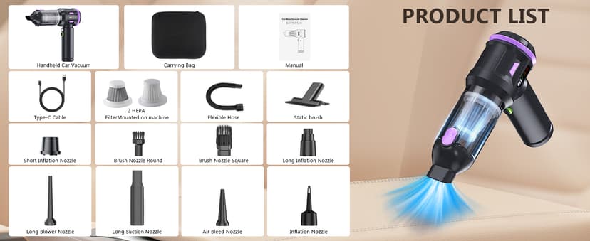 22000PA High Power Cordless Handheld Vacuum & Car Vacuum Cleaner, 4-in-1 Air Duster & Inflator with Brushless Motor, USB-C Charging, LED Light, for Home, Car, Pet, Black Purple