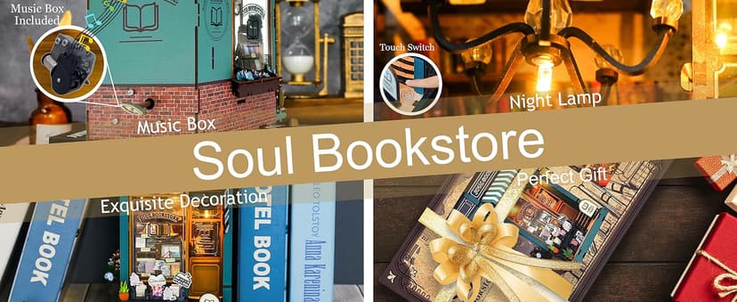 DIY Book Nook Kit with Music Box, Wooden 3D Puzzle Dollhouse with LED, Miniature House Kit Bookends for Adult and Teen, Bookshelf Decor, Creative Gift for Friends and Family. Soul Bookstore