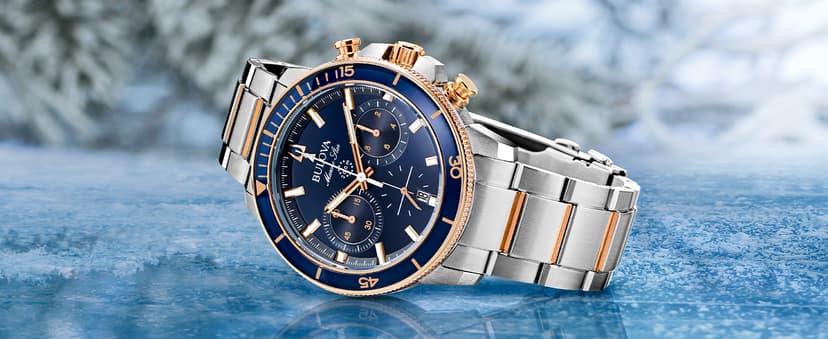 Bulova Men's Marine Star Series C Two-Tone Rose Gold Stainless Steel 6-Hand Chronograph Quartz Watch, Blue Dial Style: 98B301